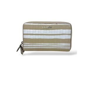 Coach Woven Leather Zip Around Wallet Beige White Striped Wristlet Card Holder
